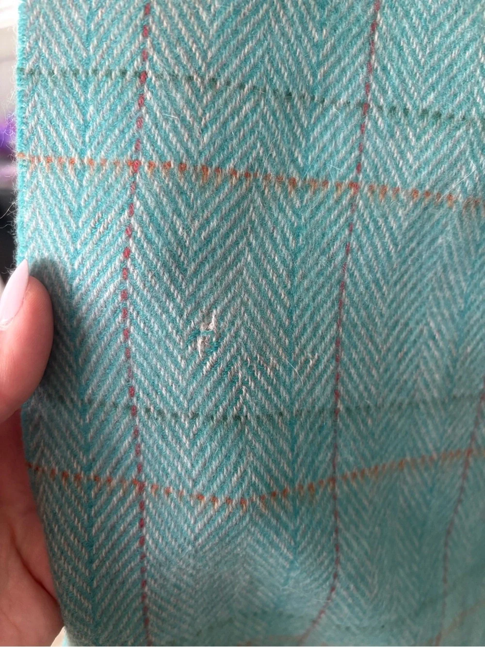 Loro Piana Teal Plaid Wool Scarf with Gray Fringe